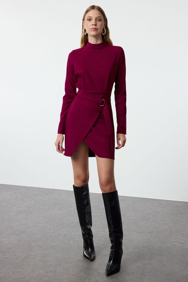 Trendyol Trendyol Purple Belted A-Line High Collar Mini Woven Dress