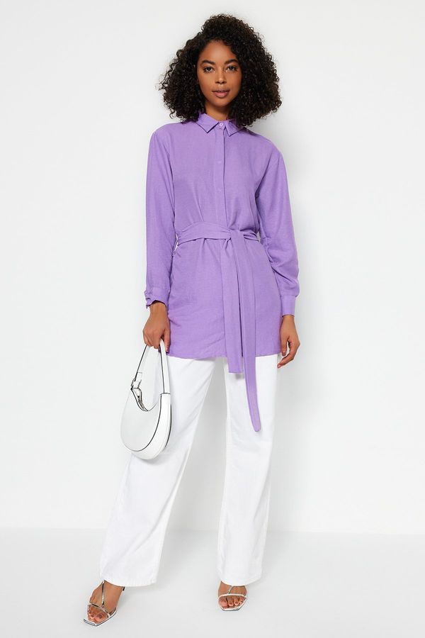 Trendyol Trendyol Purple Belted Concealed Pat Woven Shirt