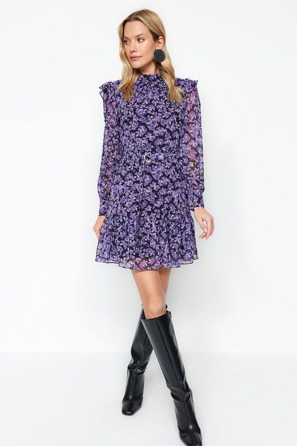 Trendyol Trendyol Purple Belted Mini Lined Ruffle Detail Woven Dress