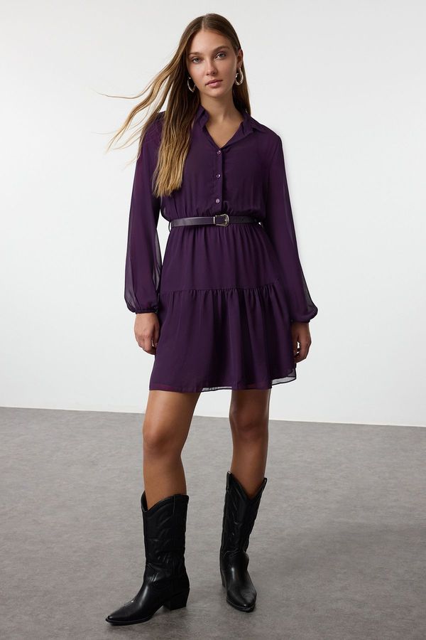 Trendyol Trendyol Purple Belted Skirt Opening at Waist Lined Chiffon Woven Winter Dress