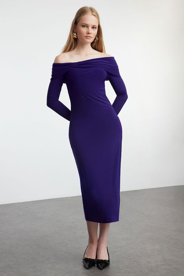 Trendyol Trendyol Purple Carmen Collar Fitted/Fitting Flexible Midi Knitted Dress