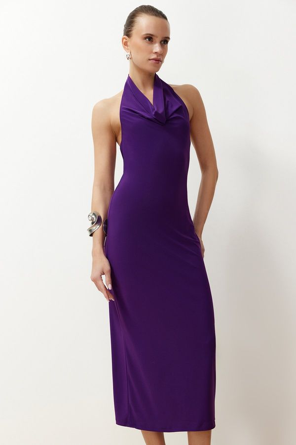 Trendyol Trendyol Purple Degaje Collar Stretchy Knitted Midi Pencil Dress