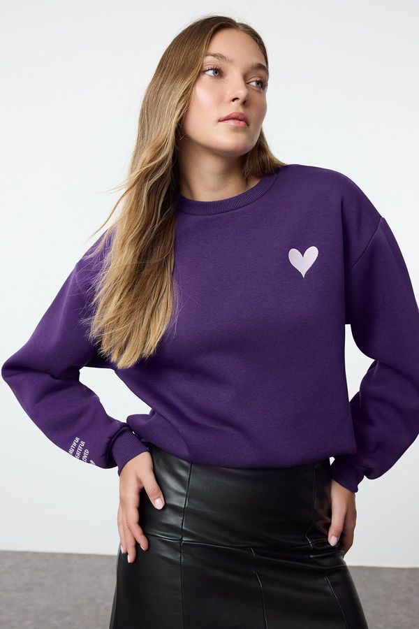 Trendyol Trendyol Purple Embroidered Regular/Normal Fit Thick Inside Fleece Knitted Sweatshirt