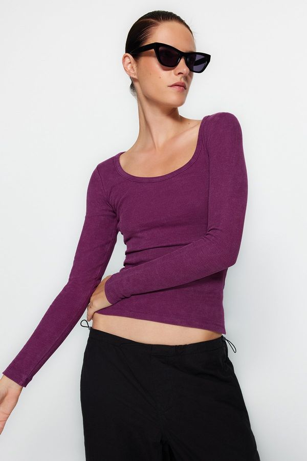Trendyol Trendyol Purple Faded/Faded Effect Ribbed Pool Neck Body-Shouldered Cotton Stretch Knit Blouse