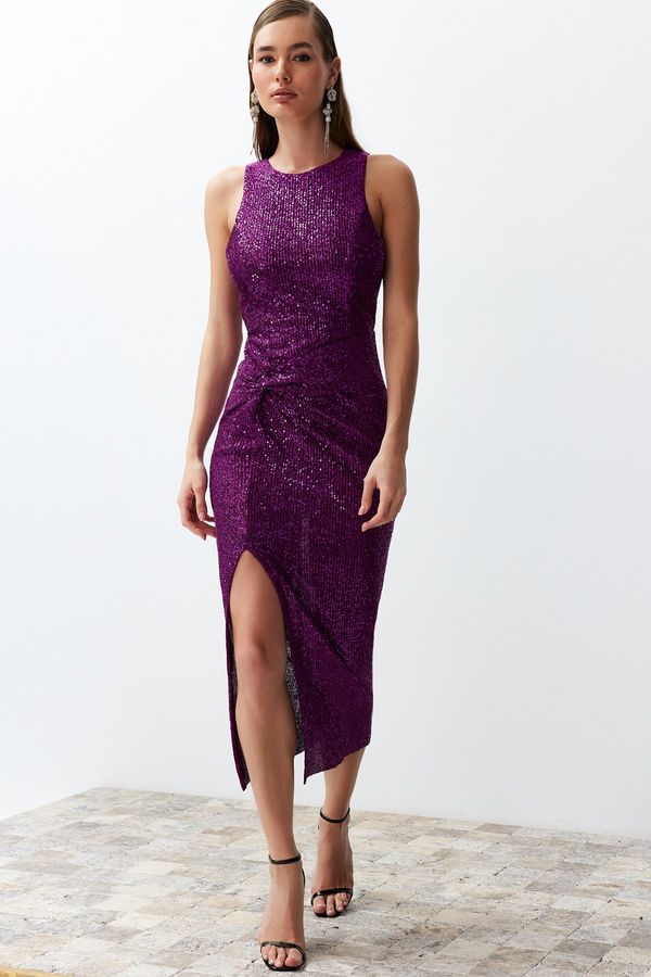 Trendyol Trendyol Purple Fitted Knitted Shiny Sequined Elegant Evening Dress