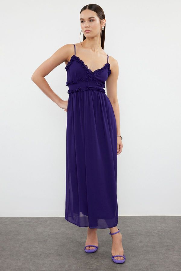 Trendyol Trendyol Purple Floral Patterned A-Cut Ruffle Detailed Lined Chiffon Maxi Woven Dress