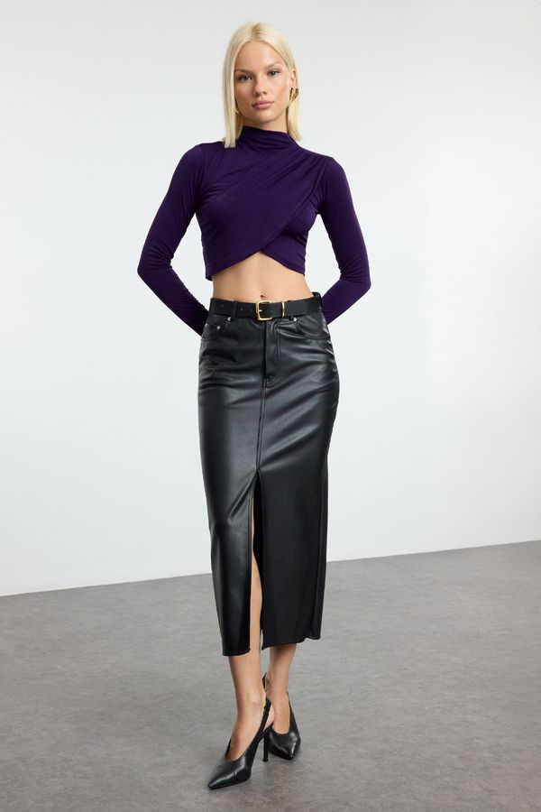 Trendyol Trendyol Purple High Collar Draped Crop Knitted Blouse