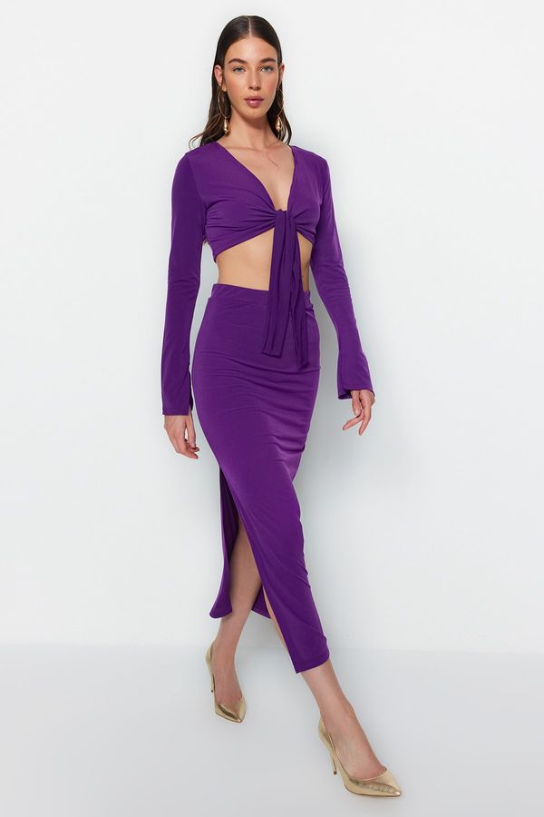 Trendyol Trendyol Purple Lace-Up Detail Super Crop and Midi Flexible Knitted Top and Bottom Set
