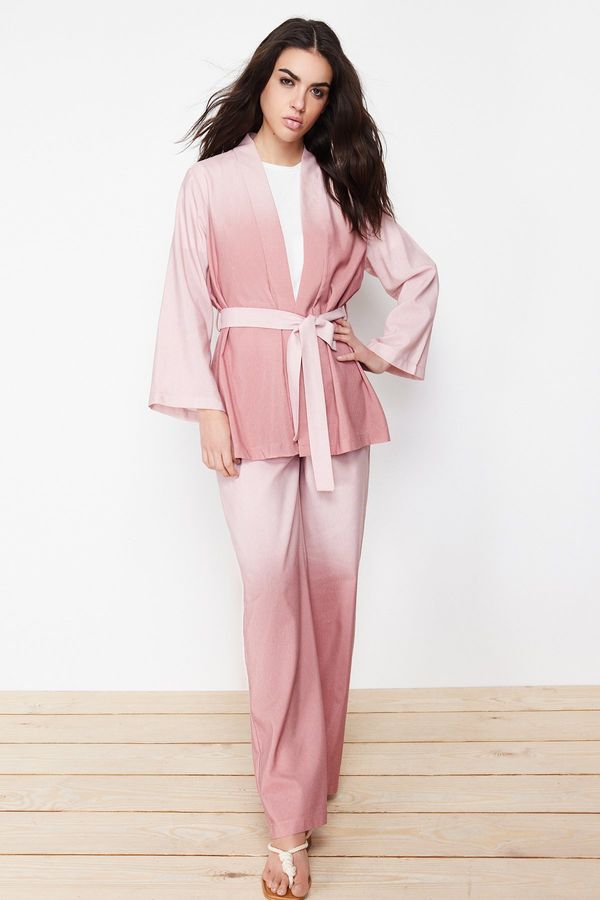 Trendyol Trendyol Purple Linen Look Woven Kimono Trousers Top and Bottom Set