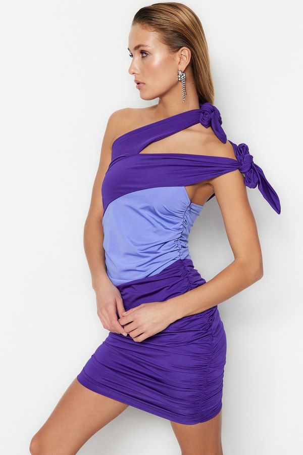 Trendyol Trendyol Purple-Multi-colored Evening Dress with Window/Cut Out Details, Knitted to the body