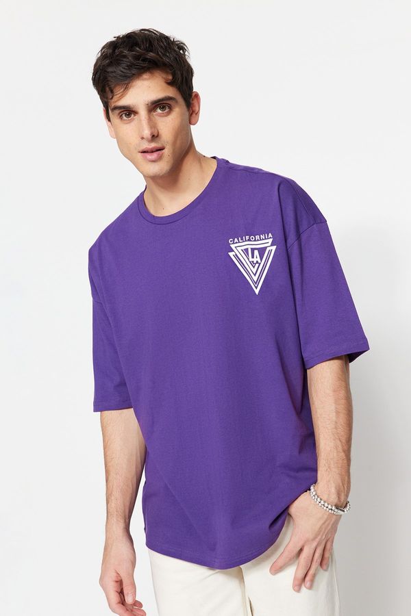Trendyol Trendyol Purple Oversize Crew Neck Short Sleeve City Printed 100% Cotton T-Shirt