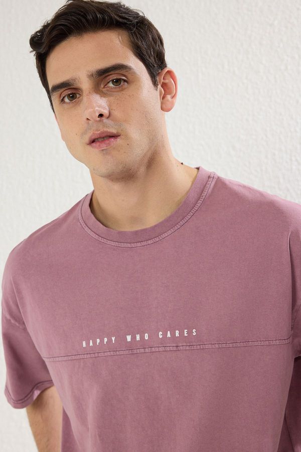 Trendyol Trendyol Purple Oversize/Wide Cut Faded Effect Text Print 100% Cotton T-shirt