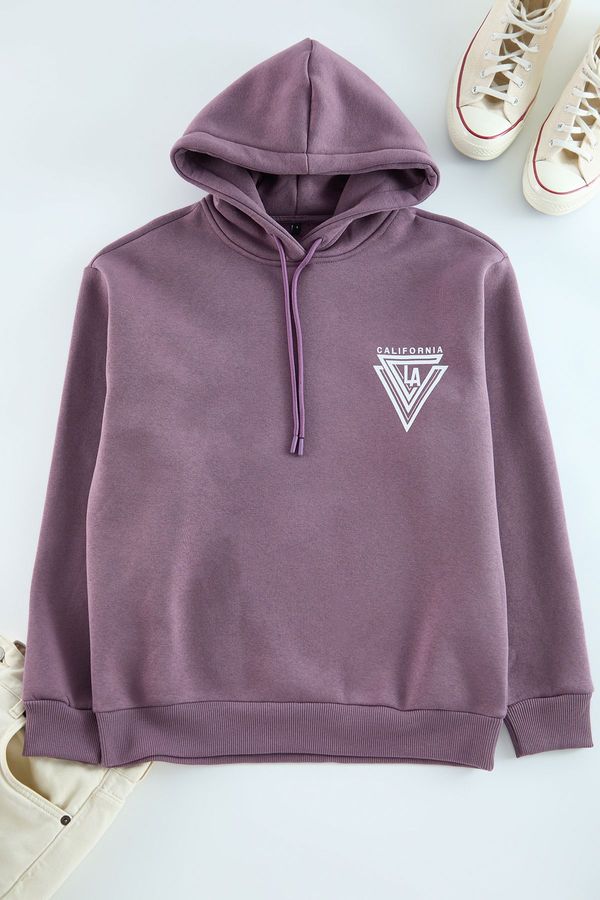 Trendyol Trendyol Purple Oversize/Wide Cut Printed Cotton Fleece Sweatshirt