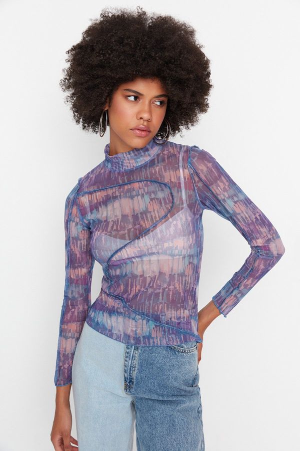 Trendyol Trendyol Purple Patterned Stand-Up Collar Tulle Knitted Blouse