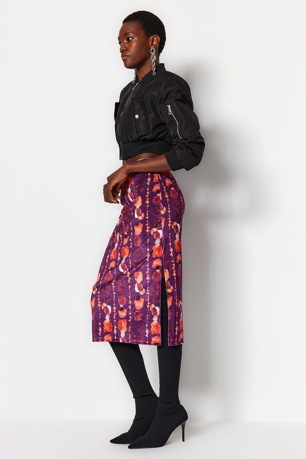 Trendyol Trendyol Purple Printed Midi Velvet Knitted Skirt with a Fitted Slit