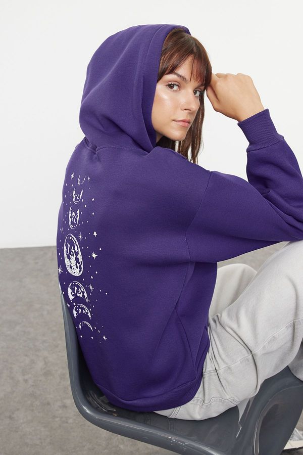 Trendyol Trendyol Purple Printed Oversize Hooded Thick Fleece Knitted Sweatshirt