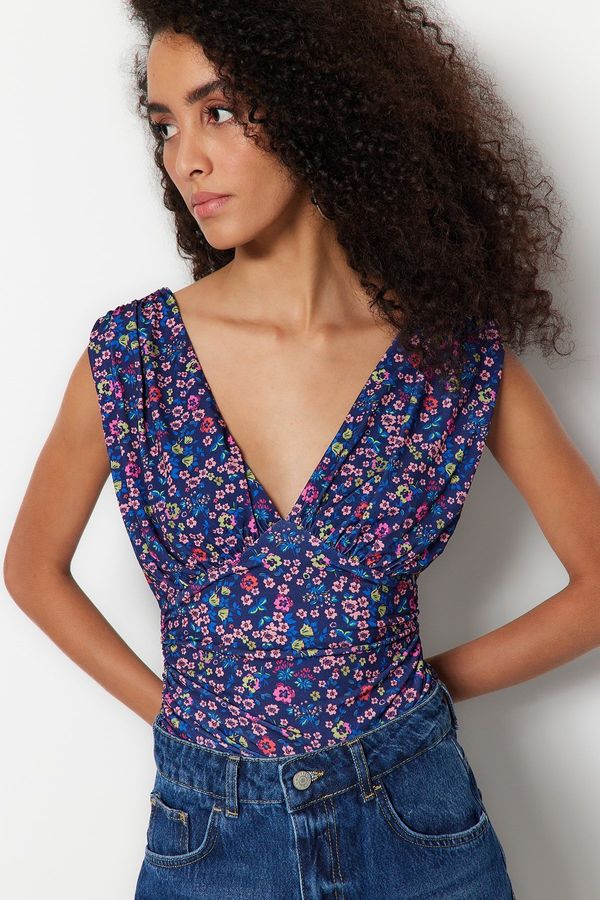 Trendyol Trendyol Purple Printed V-Neck Drape Detailed Fitted/Sleeping Stretchy Knitted Bodysuit with Snap fastener