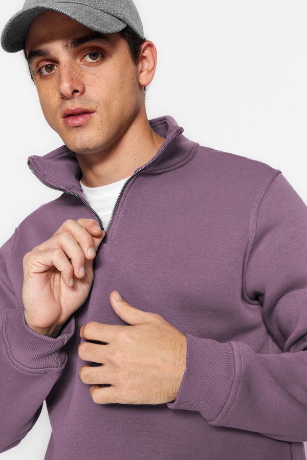 Trendyol Trendyol Purple Regular/Normal Cut Stand Collar Zippered Cotton Basic Polar Fleece Sweatshirt