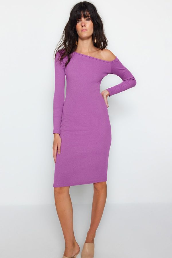 Trendyol Trendyol Purple Ribbed Off-the-Shoulder Fitted Midi Stretch Knit Dress