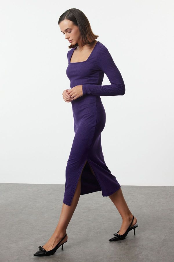 Trendyol Trendyol Purple Ribbed Square Neck Fitted Long Sleeve Slit Midi Dress