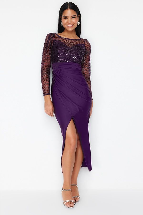 Trendyol Trendyol Purple Sequin Tulle Knitted Long Stylish Evening Dress