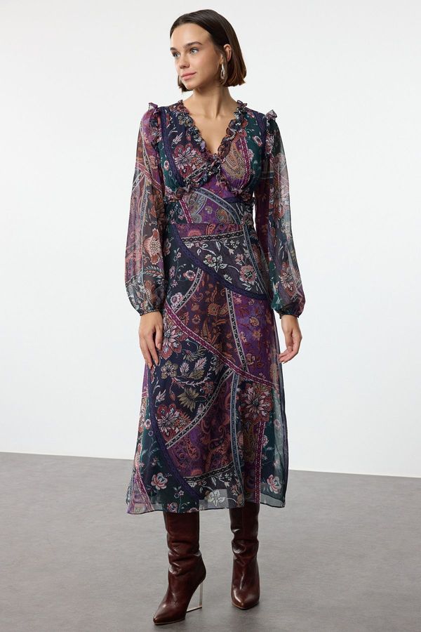 Trendyol Trendyol Purple Shawl Pattern Waist Opening Ruffle Maxi Lined Woven Dress