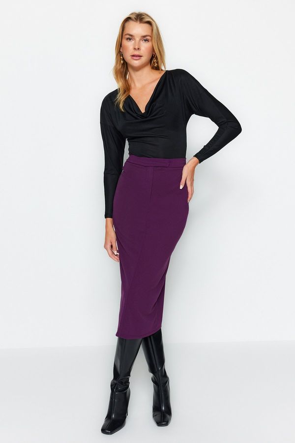 Trendyol Trendyol Purple Smart Crepe Belt Detailed Fleto Pocket Midi Pencil High Waist Elastic Knitted Skirt