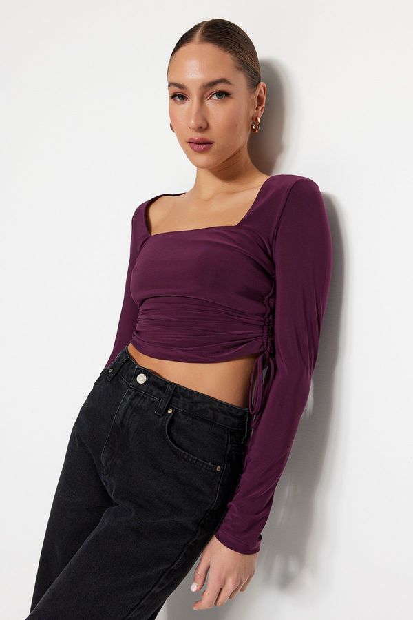 Trendyol Trendyol Purple Square Neck Gathered Detail Fitted/Sleeping Crop Elastic Knitted Blouse