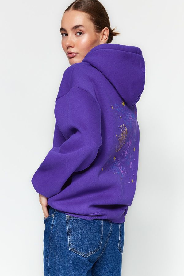 Trendyol Trendyol Purple Thick Fleece Hooded Printed Oversize/Wide Fit Knitted Sweatshirt