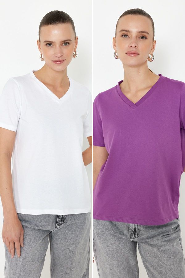 Trendyol Trendyol Purple-White 100% Cotton 2-Pack Basic V-Neck Knitted T-Shirt