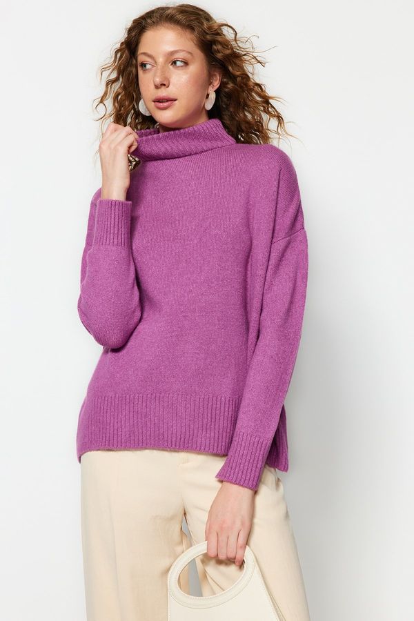 Trendyol Trendyol Purple Wide Fit Soft Textured Stand-Up Collar Knitwear Sweater
