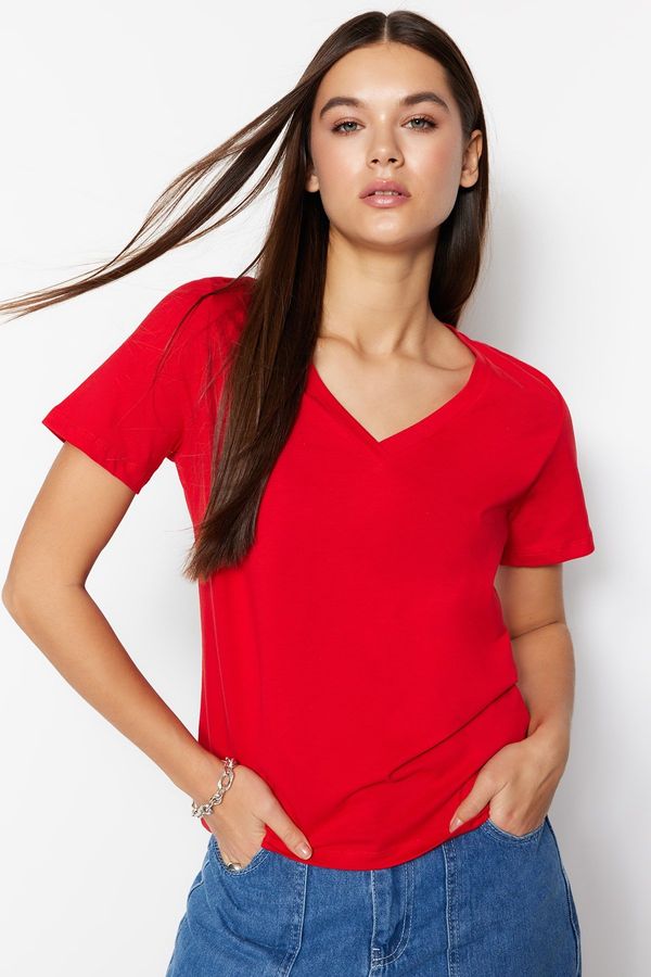 Trendyol Trendyol Red 100% Cotton Basic V-Neck Knitted T-Shirt