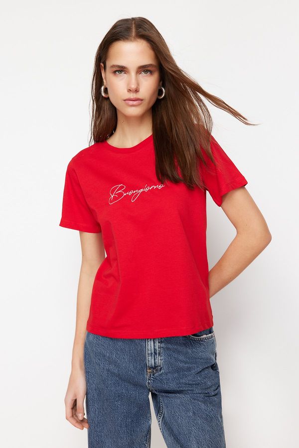 Trendyol Trendyol Red 100% Cotton Motto Embroidered Regular/Regular Fit Knitted T-Shirt