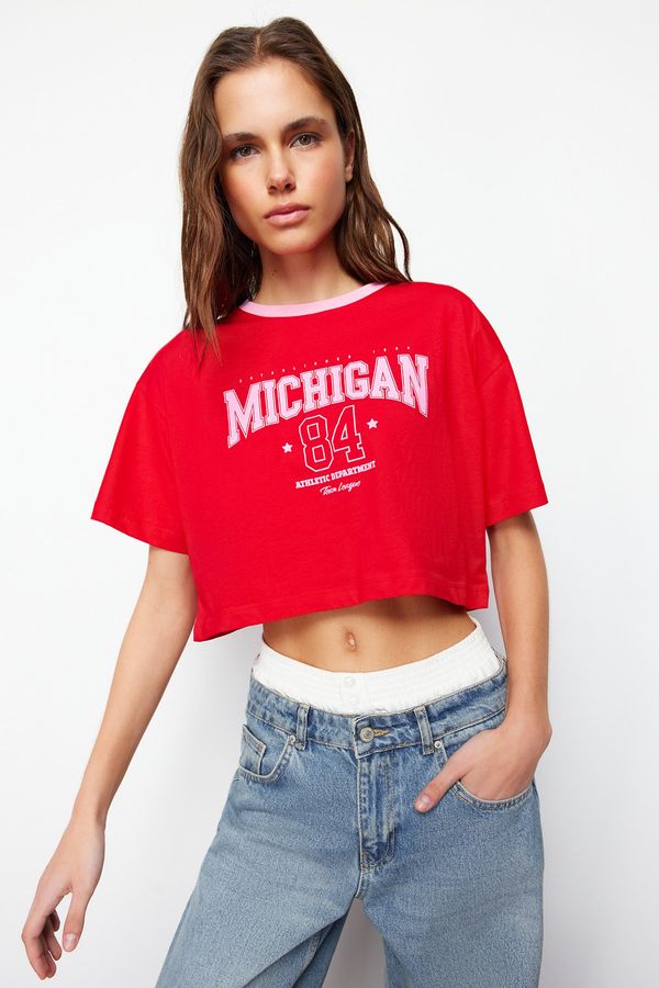 Trendyol Trendyol Red 100% Cotton Slogan Printed Relaxed Crop Crew Neck Knitted T-Shirt