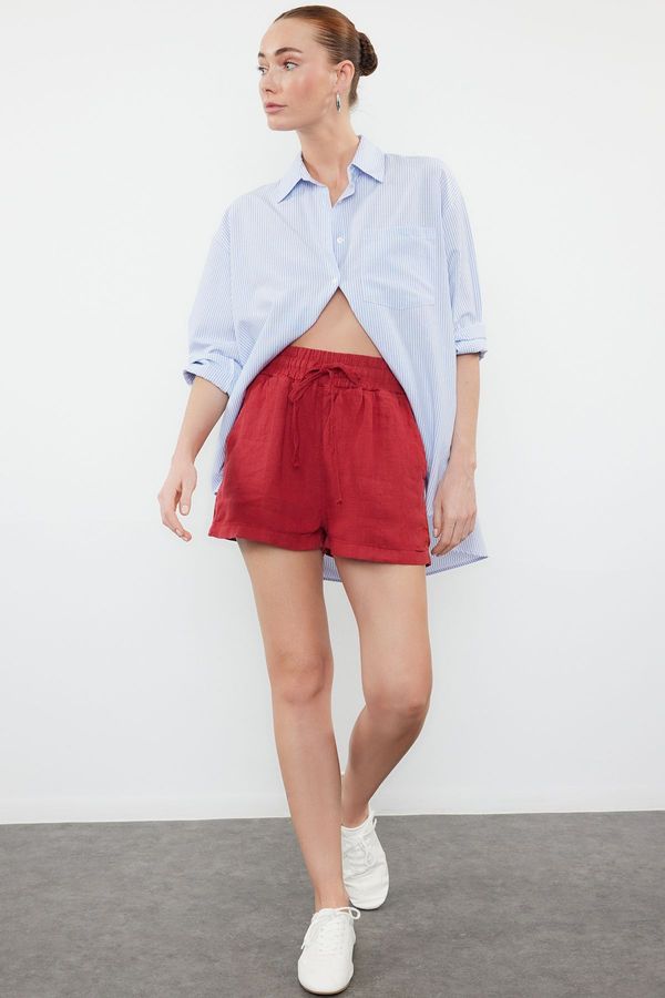 Trendyol Trendyol Red 100% Linen Elastic Waist High Waist Shorts