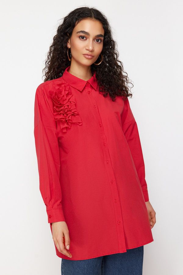 Trendyol Trendyol Red Applique Flower Detailed Cotton Woven Shirt