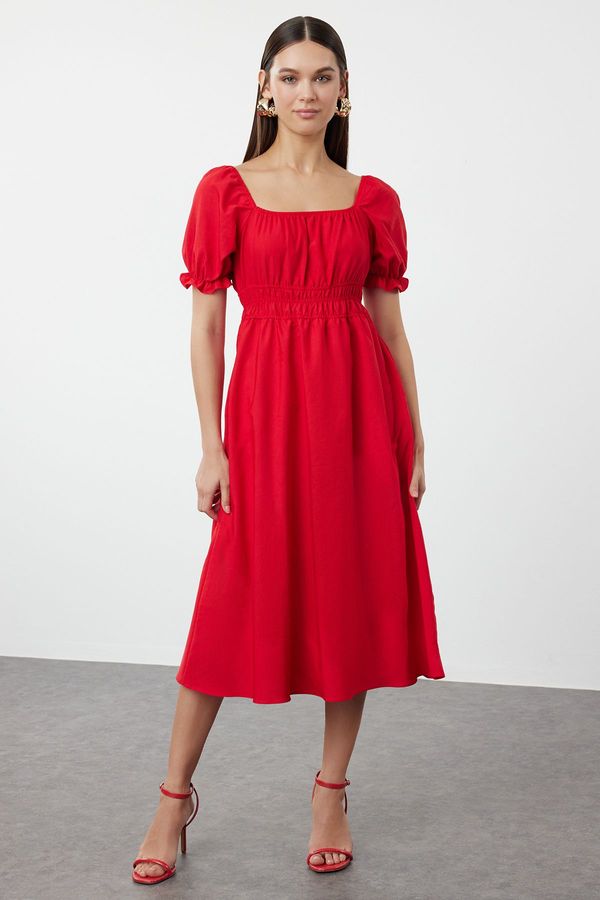 Trendyol Trendyol Red Balloon Sleeve Midi Woven Dress