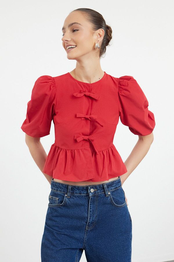 Trendyol Trendyol Red Balloon Sleeve Woven Shirt with Tie Detail