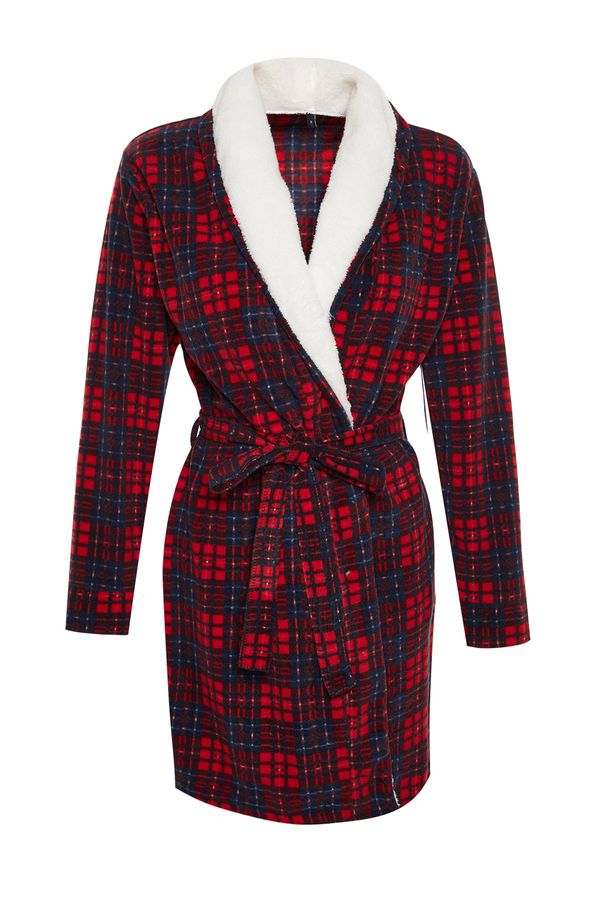 Trendyol Trendyol Red Belted Checkered Fleece Knitted Dressing Gown