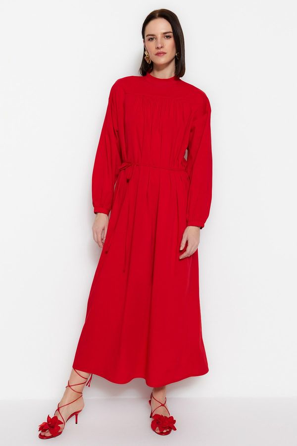 Trendyol Trendyol Red Belted Gathered Detailed Wide Fit Woven Dress