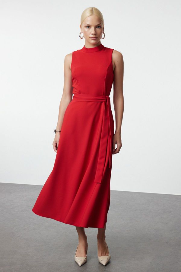 Trendyol Trendyol Red Belted Waist Opening Stand Collar Midi Woven Dress