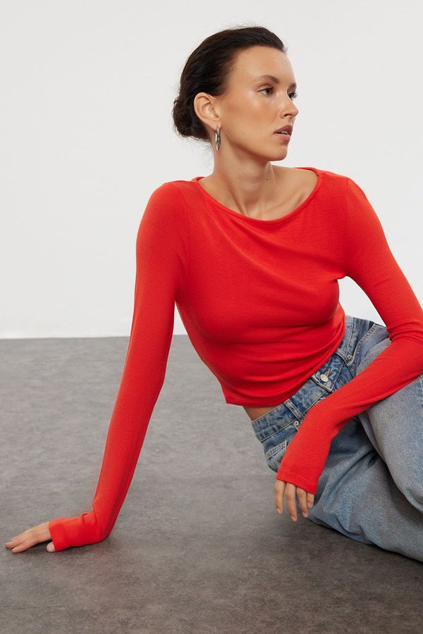 Trendyol Trendyol Red Boat Neck Slim/Fitting Regular Length Knitted Blouse