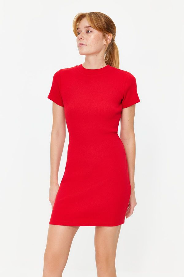 Trendyol Trendyol Red Body Fitted Short Sleeve Crew Neck Mini Ribbed Stretchy Knitted Pencil Dress