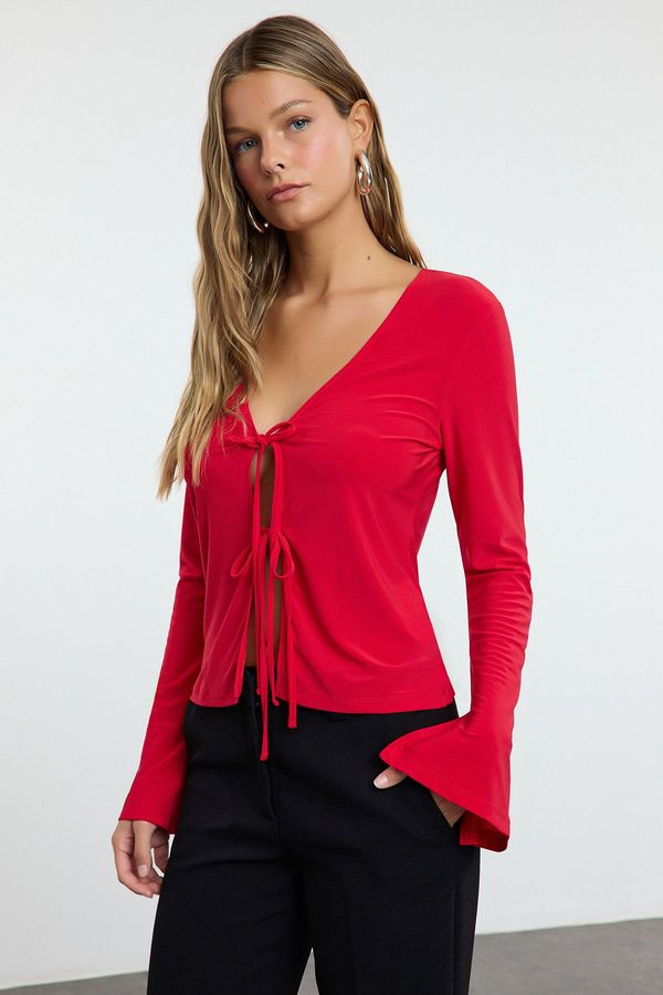 Trendyol Trendyol Red Body-Sit Regular/Normal Pattern Elastic Knitted Blouse with Tie Detail