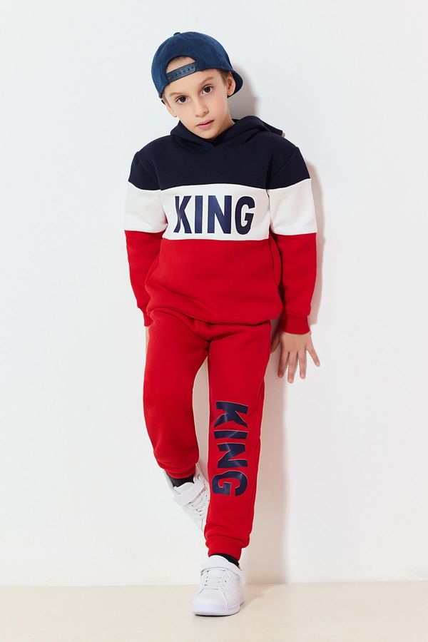 Trendyol Trendyol Red Boy Slogan Printed Hooded Knitted Top-Bottom Set