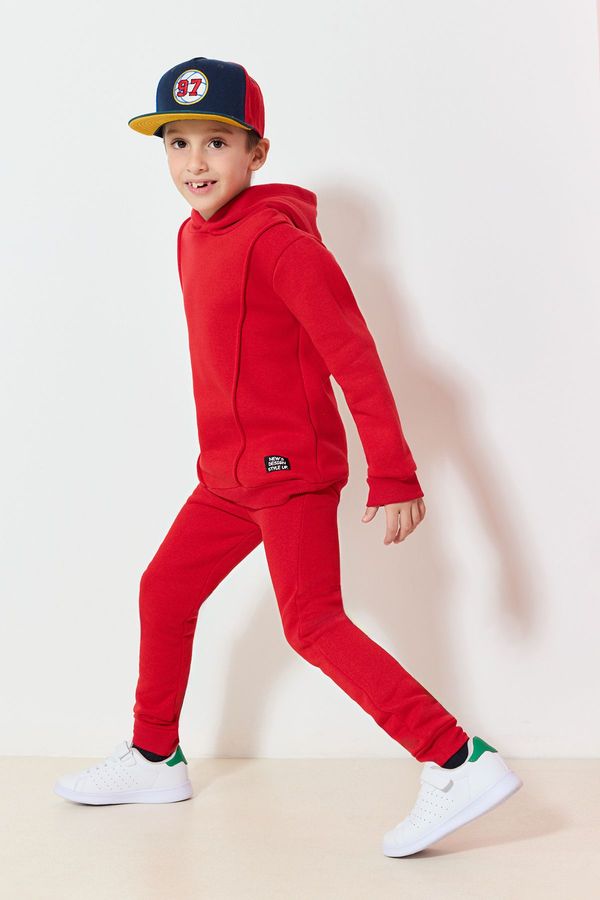 Trendyol Trendyol Red Boy's Hooded Basic Plain Cotton Knitted Bottom-Top Set