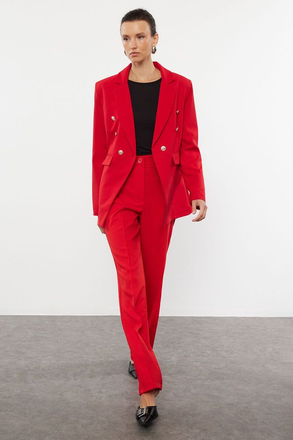 Trendyol Trendyol Red Button Detailed Lined Fitted Waist Patterned Woven Blazer Jacket