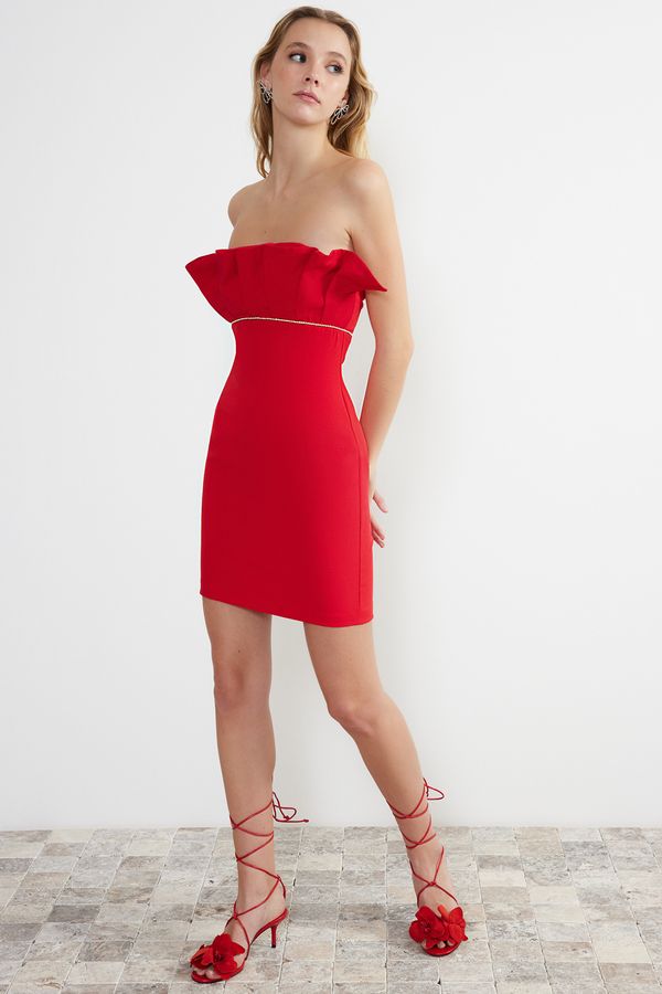 Trendyol Trendyol Red Collar Detailed Stone Accessory Woven Dress
