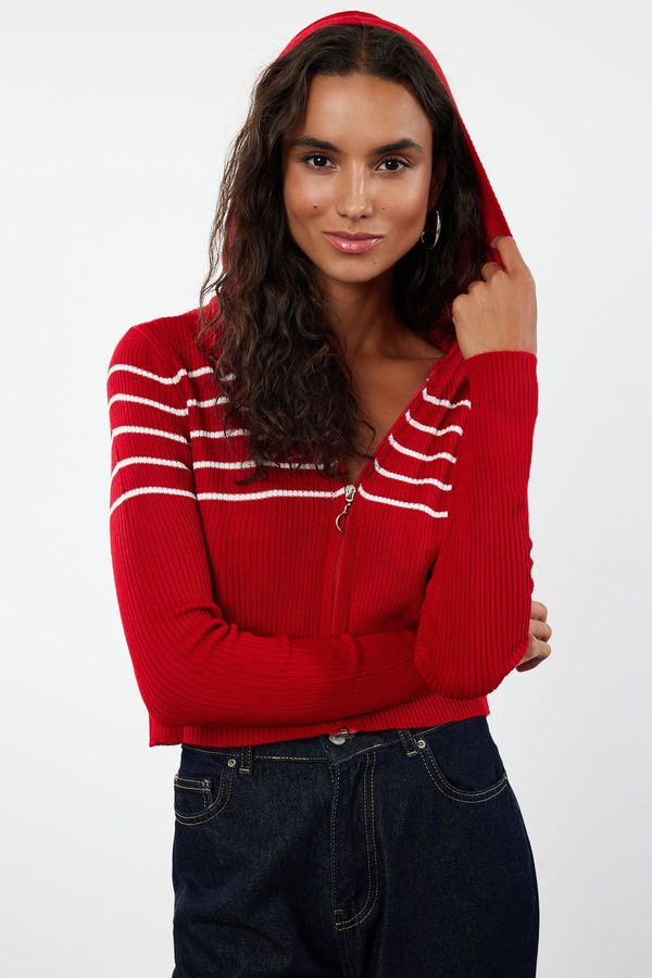 Trendyol Trendyol Red Crop Hooded Knitwear Cardigan