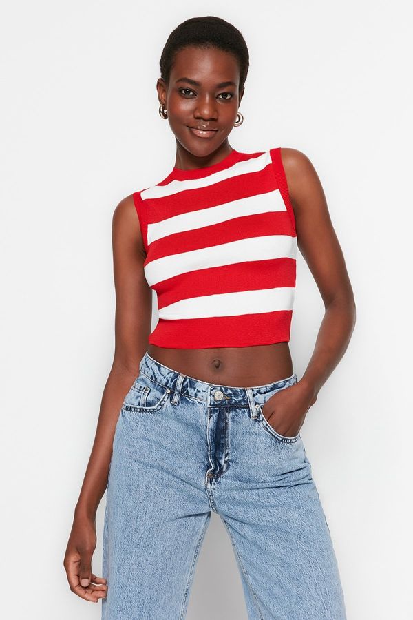 Trendyol Trendyol Red Crop Striped Knitwear Blouse